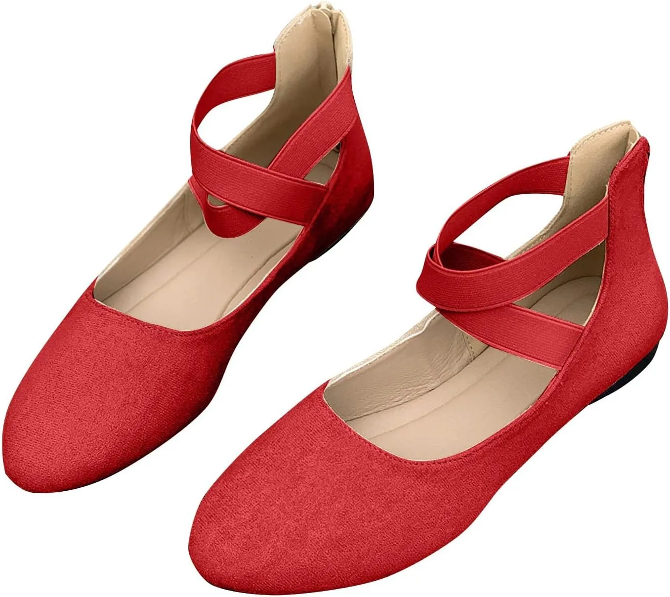 Women's Suede Ballet Shoes Large Size Shallow Mouth Elastic Strap Round Head Shoes Flat Heel Single Shoes Flat Shoes, 4