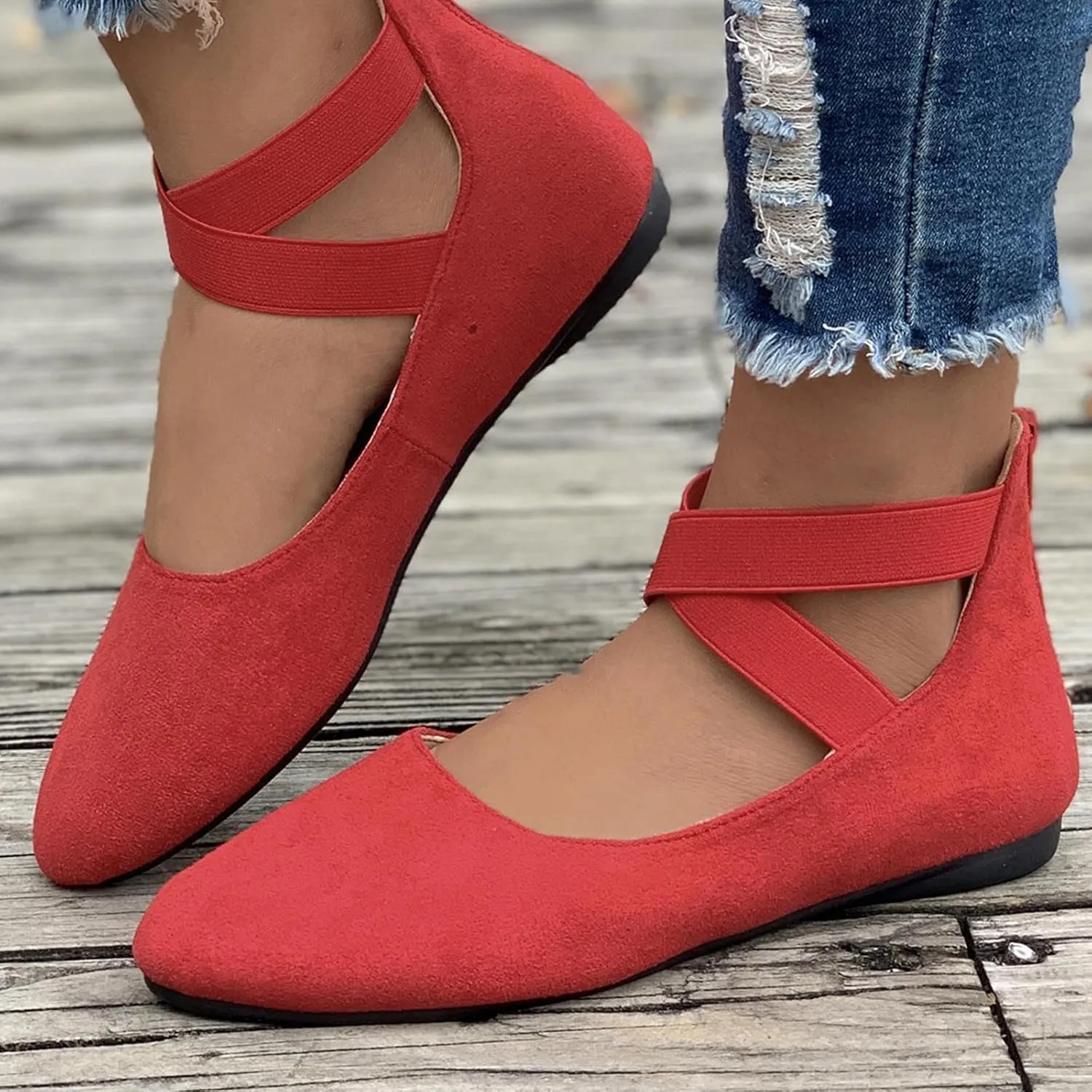 Women's Suede Ballet Shoes Large Size Shallow Mouth Elastic Strap Round Head Shoes Flat Heel Single Shoes Flat Shoes, 4