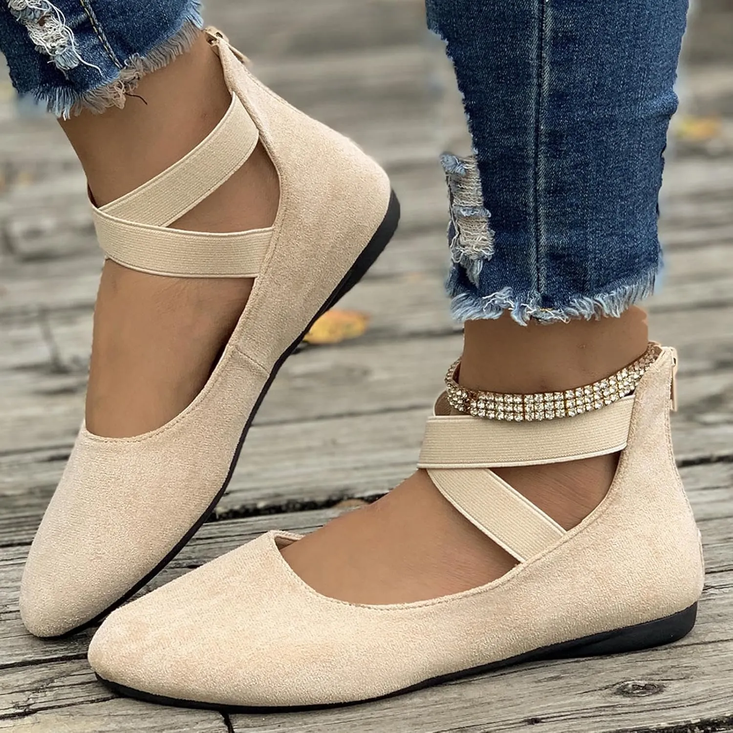 Women's Suede Ballet Shoes Large Size Shallow Mouth Elastic Strap Round Head Shoes Flat Heel Single Shoes Flat Shoes, 4
