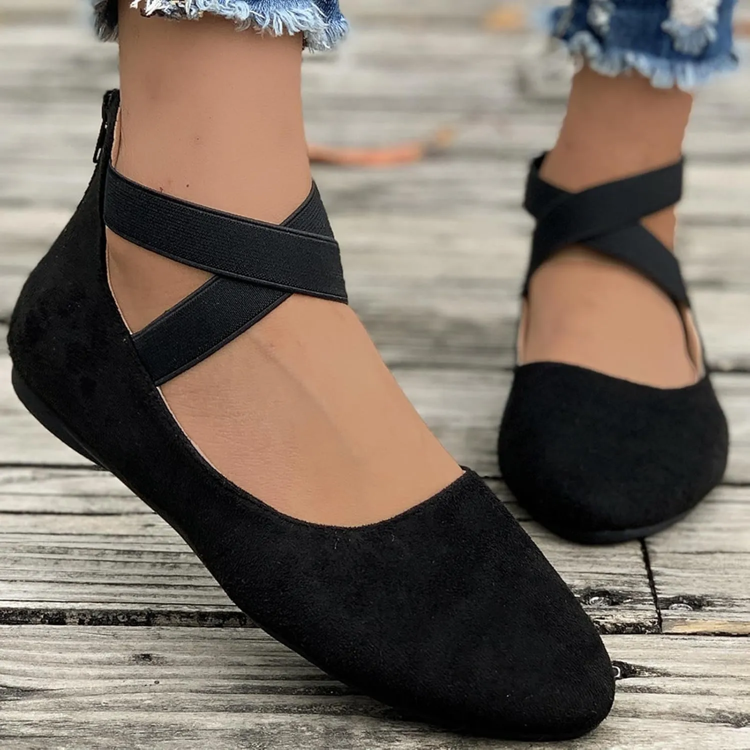 Women's Suede Ballet Shoes Large Size Shallow Mouth Elastic Strap Round Head Shoes Flat Heel Single Shoes Flat Shoes, 4