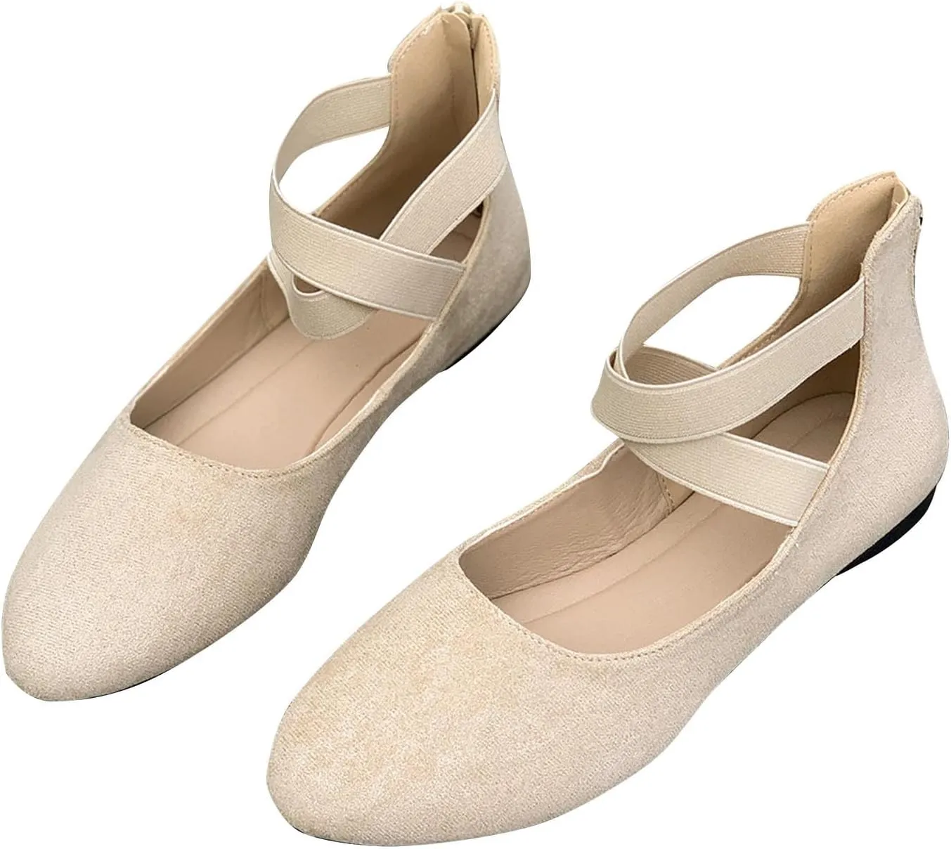 Women's Suede Ballet Shoes Large Size Shallow Mouth Elastic Strap Round Head Shoes Flat Heel Single Shoes Flat Shoes, 4