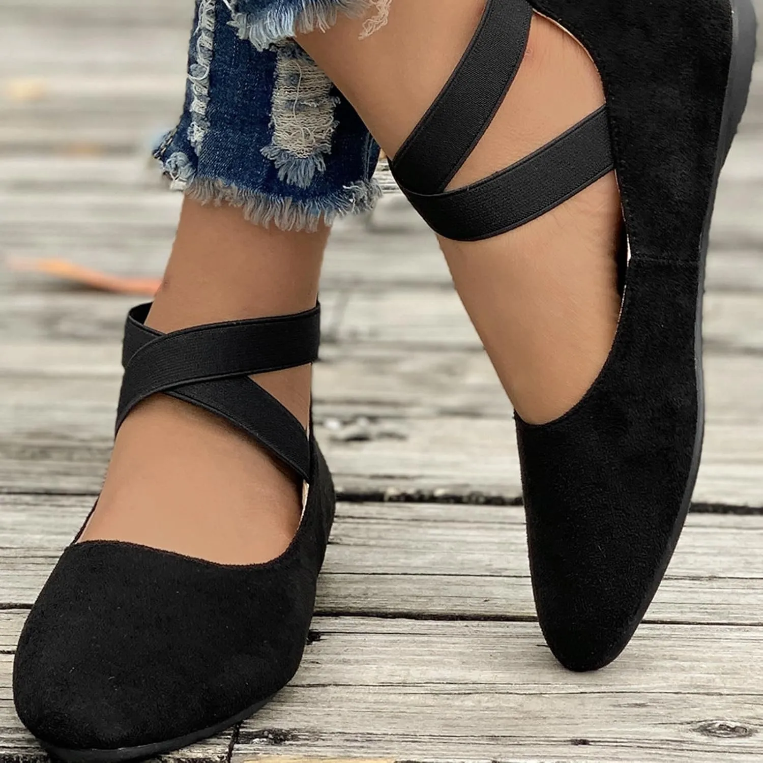Women's Suede Ballet Shoes Large Size Shallow Mouth Elastic Strap Round Head Shoes Flat Heel Single Shoes Flat Shoes, 4
