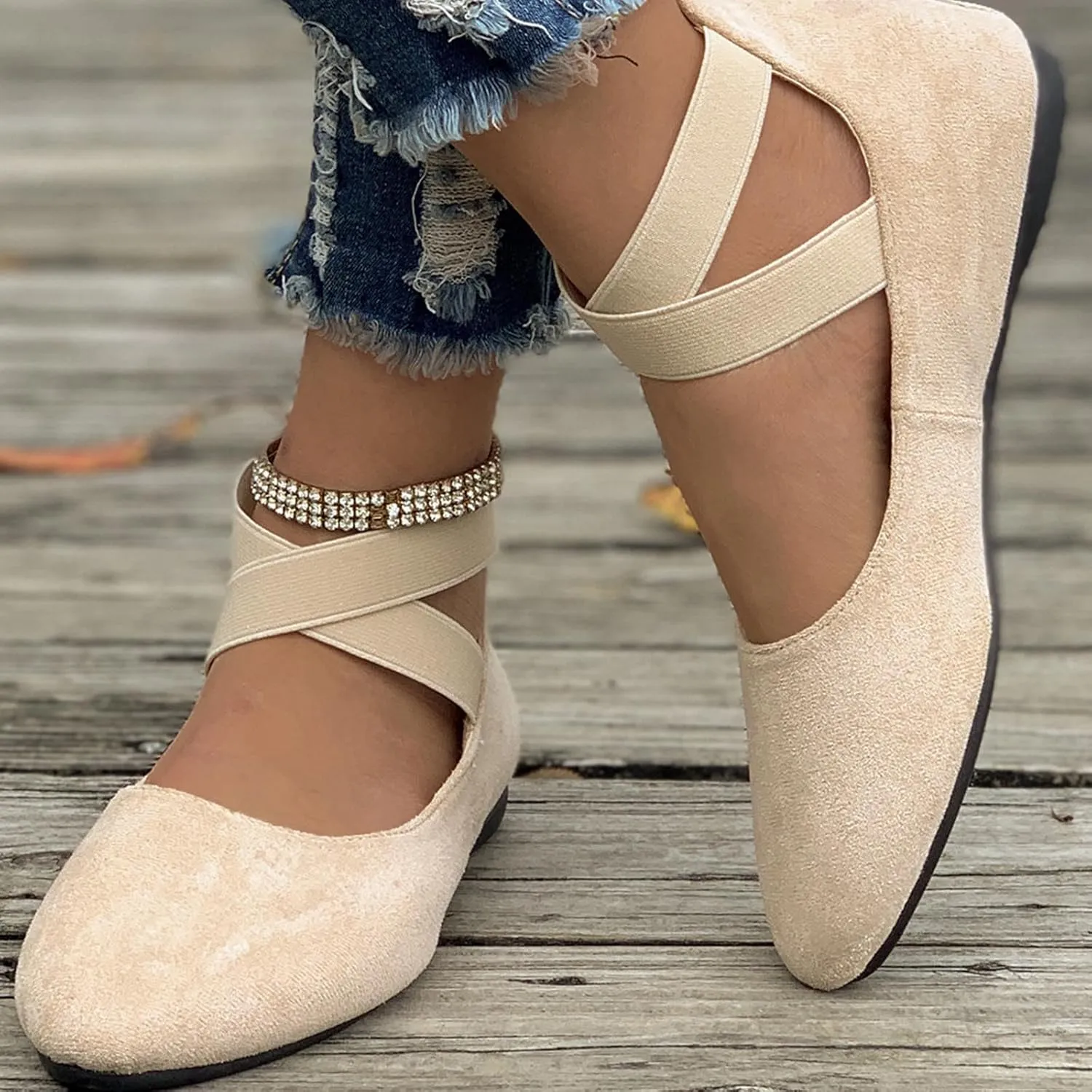 Women's Suede Ballet Shoes Large Size Shallow Mouth Elastic Strap Round Head Shoes Flat Heel Single Shoes Flat Shoes, 4