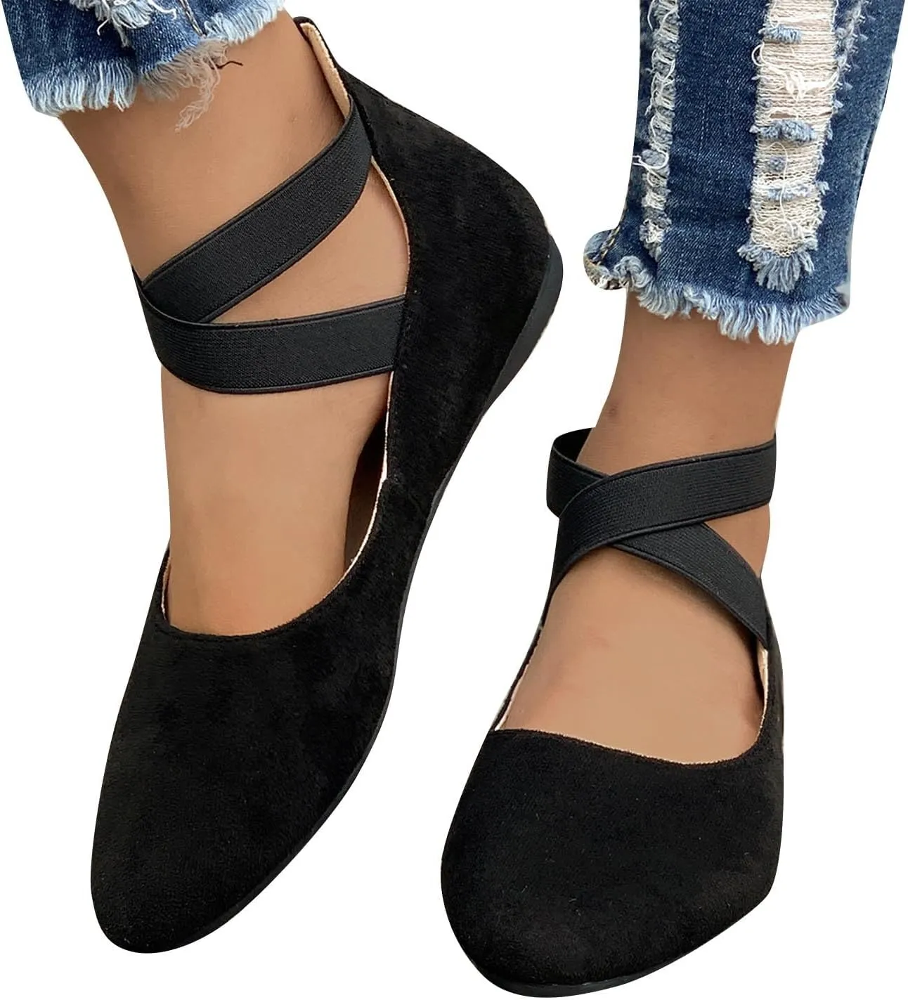 Women's Suede Ballet Shoes Large Size Shallow Mouth Elastic Strap Round Head Shoes Flat Heel Single Shoes Flat Shoes, 4