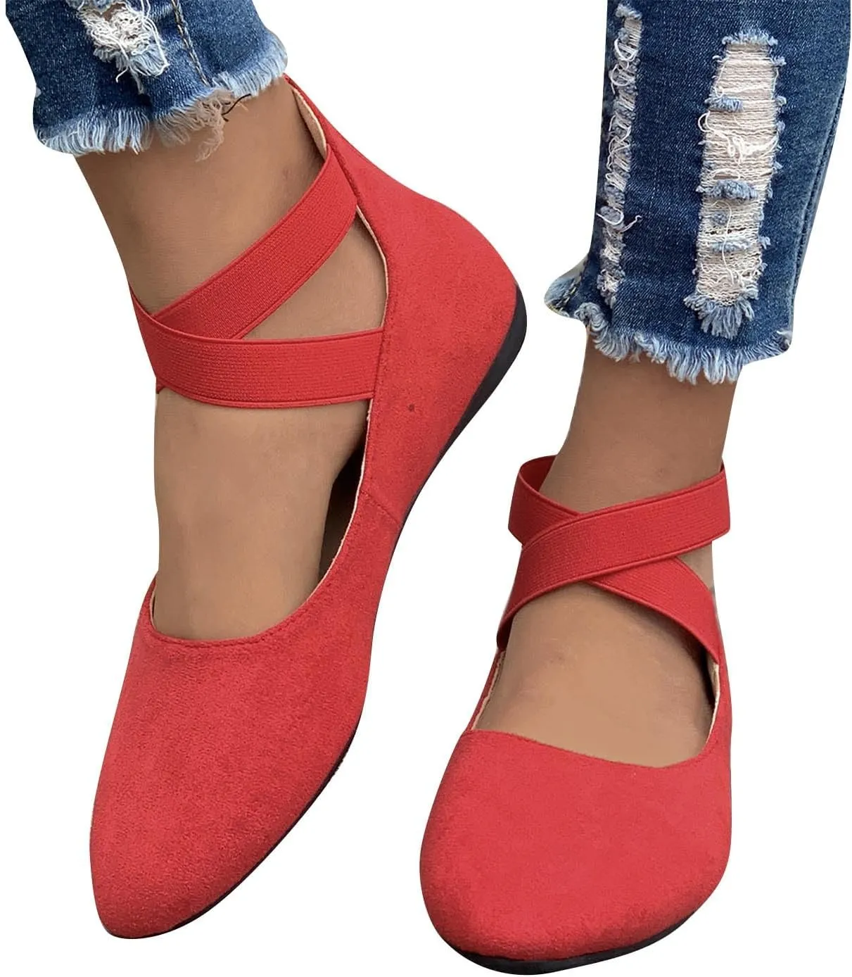 Women's Suede Ballet Shoes Large Size Shallow Mouth Elastic Strap Round Head Shoes Flat Heel Single Shoes Flat Shoes, 4