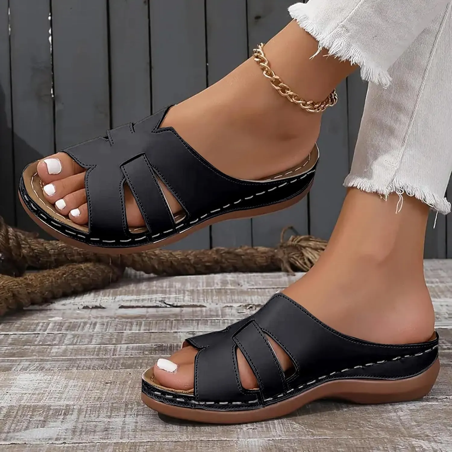 Womens Wedge Sandals Platform Heels Shoes Summer Non Slip Flip Flops 2025 Casual Open Toe Fashion Solid Color Thick Bottom Slippers Hollow Out Trendy Walking Beach Orthotic Slides