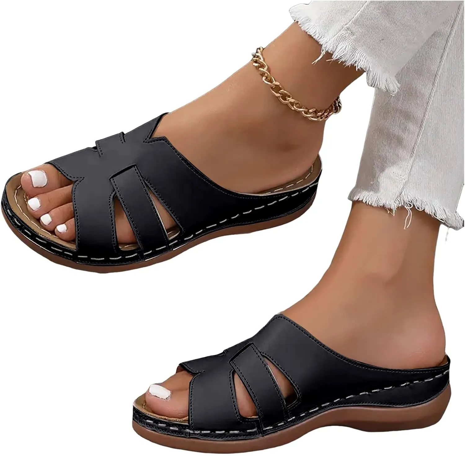 Womens Wedge Sandals Platform Heels Shoes Summer Non Slip Flip Flops 2025 Casual Open Toe Fashion Solid Color Thick Bottom Slippers Hollow Out Trendy Walking Beach Orthotic Slides