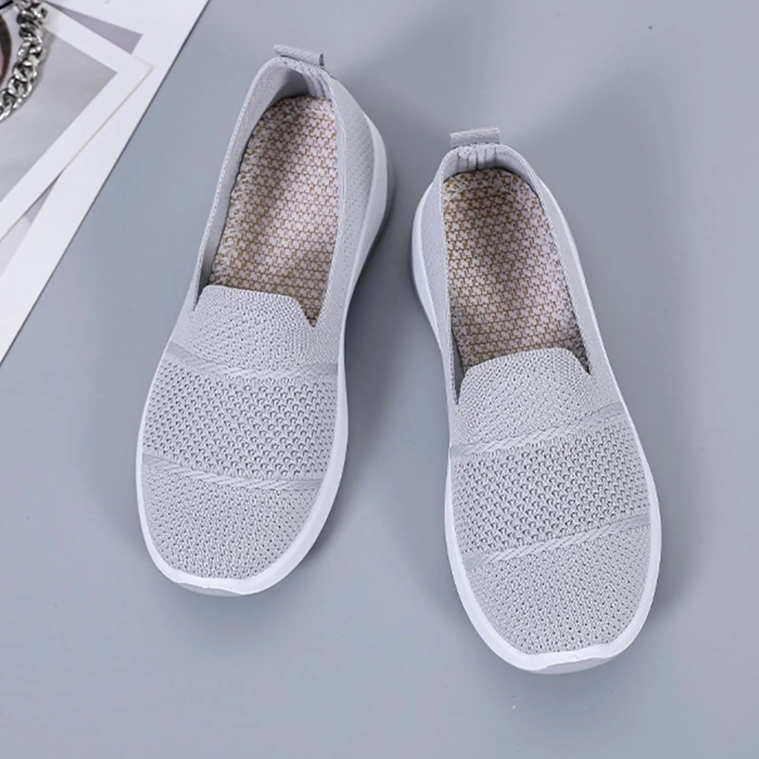 Women's Woven Orthopedic Breathable Soft Shoes Comfortable Lightweight Casual Shoes Go Walk Slip on Nurse Shoe Diabetic Foam Sneaker Hands Free Walking Sneakers with Arch Support