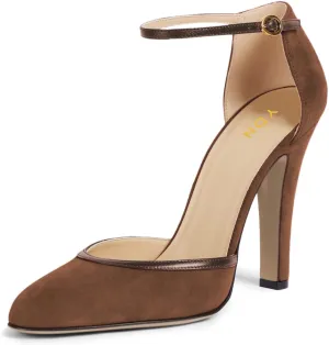 YDN Women's Stylish High Chunky Heel D'Orsay Pumps Skinny Ankle Strap Buckle Closed Toe Shoes Wedding Event Outfit Size 4-16 US
