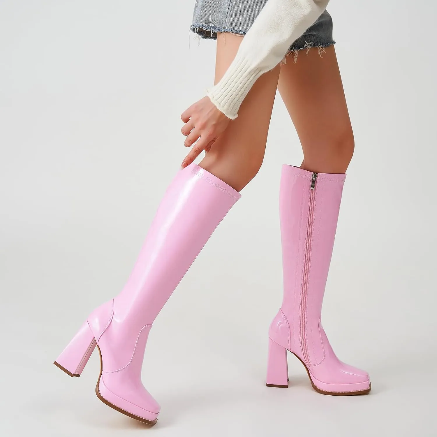 ZXHYZLZ Knee High Gogo Boots 70S For Women Wide Calf Long Tall Square Toe Chunky Boot Women