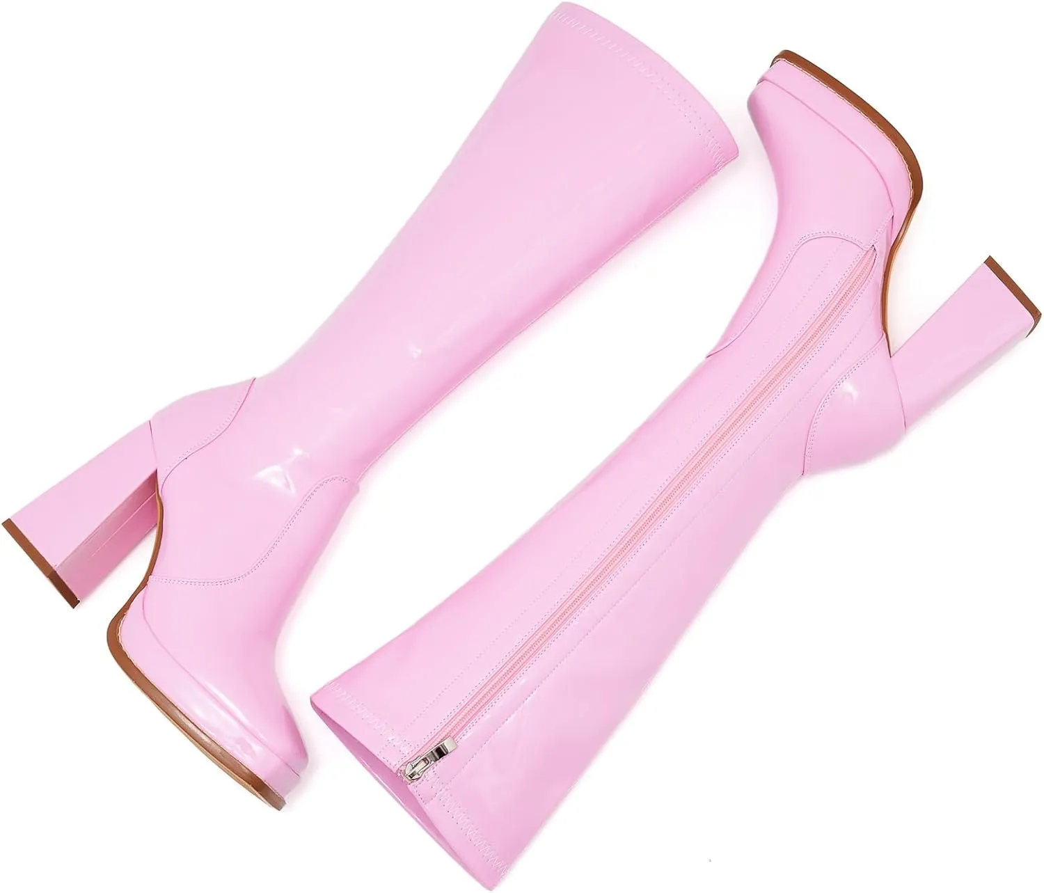 ZXHYZLZ Knee High Gogo Boots 70S For Women Wide Calf Long Tall Square Toe Chunky Boot Women